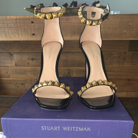 Stuart Weitzman Rosist Heeled Sandal Black w/ Gold Spikes - Size 8 - Picture 3 of 7